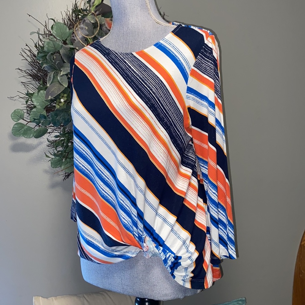Ruby Red Petites colorful Striped tied front Top 3/4 Sleeves petite medium PM - Picture 2 of 9